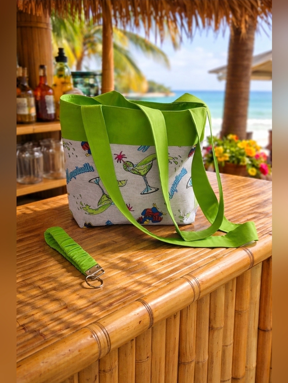 Handmade Cotton Coastal  Tropical Tote Bag & Wristlet It's 5 O'Clock Somewhere